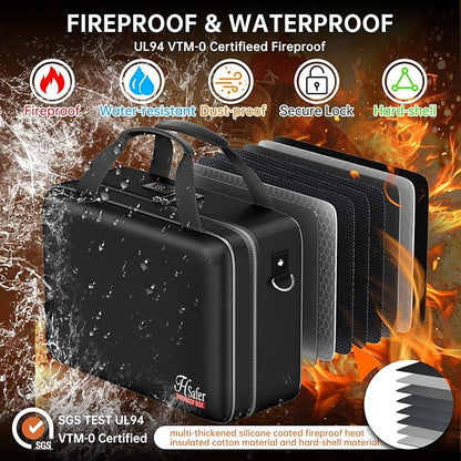 5200℉ Fireproof Document Box with lock, Hard-Shell Case File Organizer with 24 Pocket Accordion File Folder, Portable Safe Box with Shoulder Strap for Home Important Documents Laptop Black