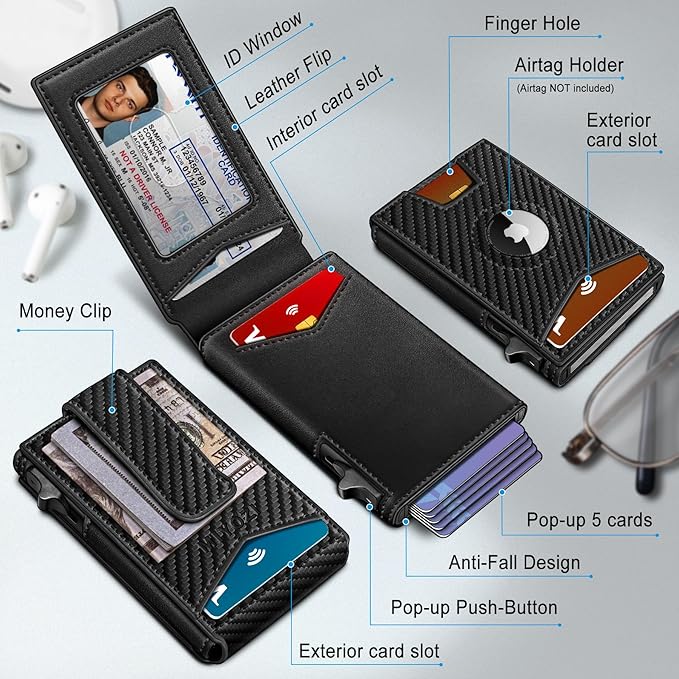 Airtag Wallet for Men,with Money Clip Gift Boxed,Slim Front Pocket Wallet RFID Blocking Metal Case Smart Pop-up Credit Card Holder in Magnetic Leather Flip