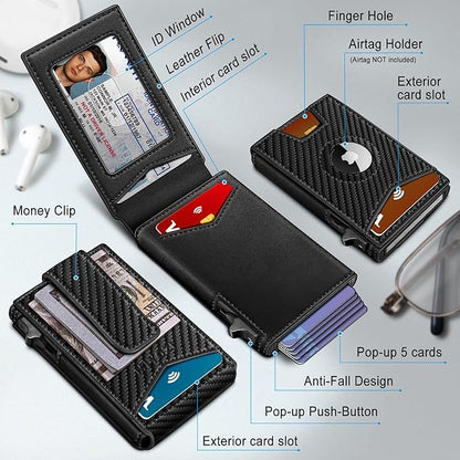 Airtag Wallet for Men,with Money Clip Gift Boxed,Slim Front Pocket Wallet RFID Blocking Metal Case Smart Pop-up Credit Card Holder in Magnetic Leather Flip