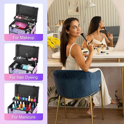 Rolling Makeup Case with Large Drawer, Makeup Train Case with Tray, Cosmetology Case on Wheels, Travel Makeup Case Organizers, Professional for Salon Barber, Nail, Tattoo, Multicolor Purple