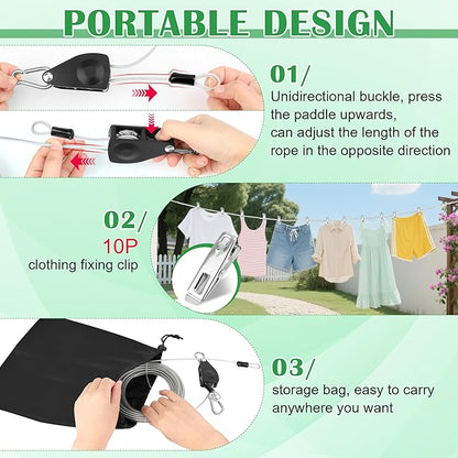 Windspeed 50Ft Retractable Clothesline Outdoor Heavy Duty Travel Clothesline Retractable Clothes Line for Outside Travel Camping Clothes Line, Galvanized Steel Material, with 10 Clips, Storage Bag