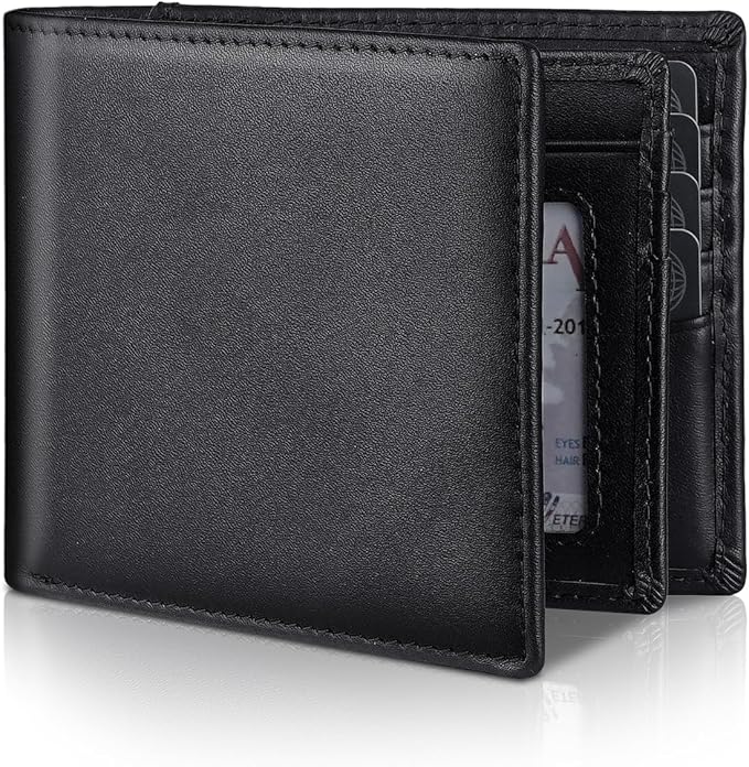 Mens Genuine Leather Bifold RFID Blocking Wallet with 14 Card Slots, ID Window & 2 Cash Pocket - Includes Gift Box