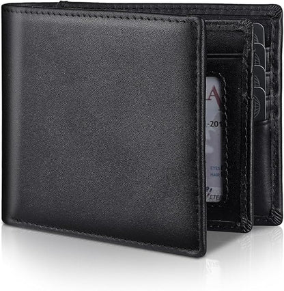 Mens Genuine Leather Bifold RFID Blocking Wallet with 14 Card Slots, ID Window & 2 Cash Pocket - Includes Gift Box