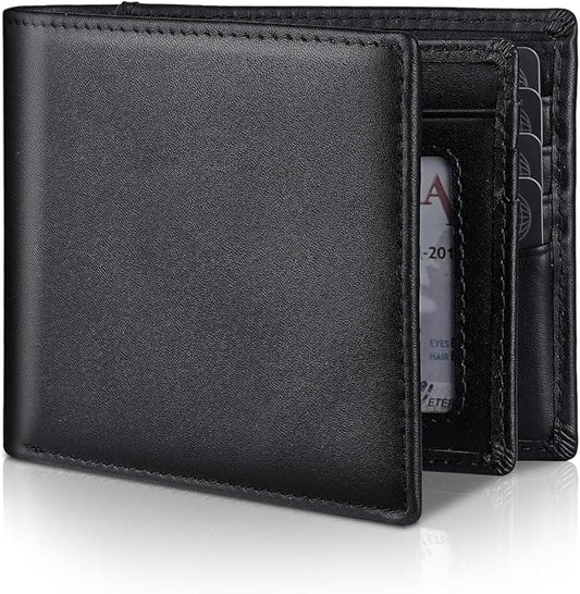 Mens Genuine Leather Bifold RFID Blocking Wallet with 14 Card Slots, ID Window & 2 Cash Pocket - Includes Gift Box