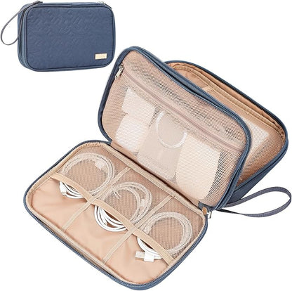 NISHEL Travel Cord Organizer Case, Double Layers Tech Electronic Bag, Essentials for Charger, Cable, Phone, Flash drive, Large, Aegean-Blue