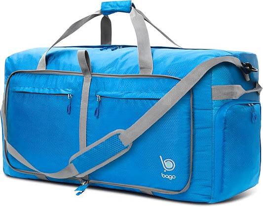Bago Large Foldable Duffel Bags for Traveling Women & Men - 100L Packable Duffle Bag for Travel with Shoe Compartment - Water Repellant, Heavy Duty, Lightweight Folding & Collapsible (Blue)