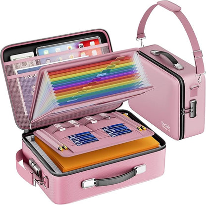 DocSafe Fireproof Document Box with Lock, Hard Case File Organizer with Accordion File Folder, Fireproof Water Resistant Safe Box Home Office Travel Storage for Important Documents Laptop Pink