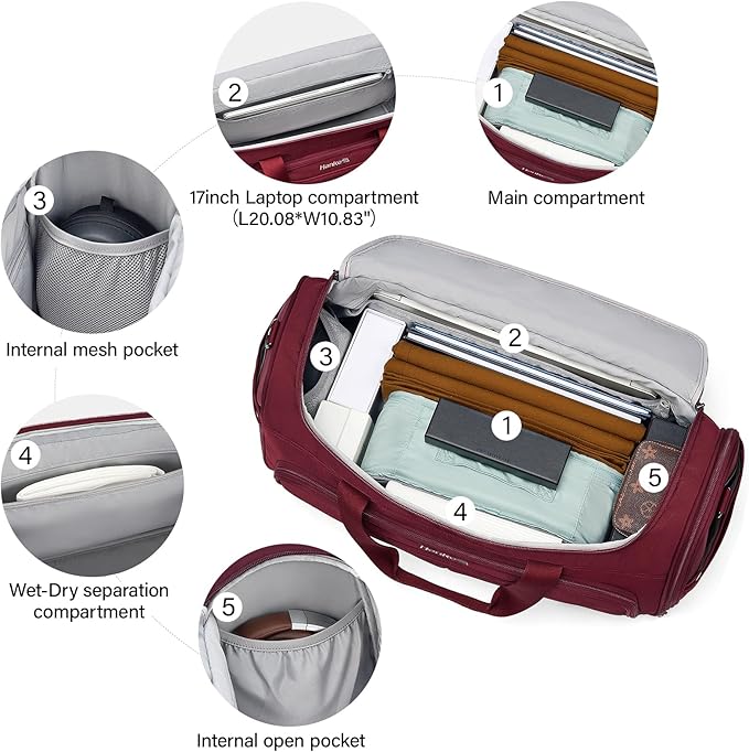 Hanke Carry On luggage Bags for Travel, Large Foldable Duffle Bag for Travel, Softside Lightweight Travel Bag Carry On Bags for Airplanes Women, Travel Tote Bags for Women Men.（Burgundy）