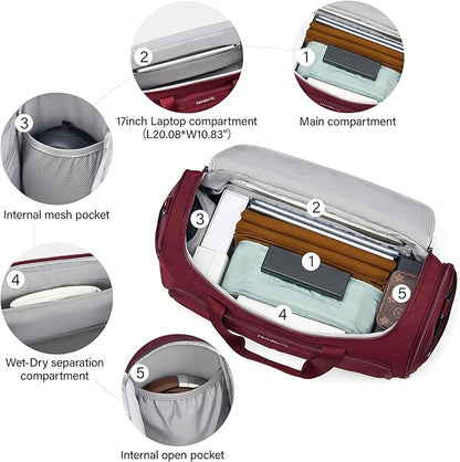 Hanke Carry On luggage Bags for Travel, Large Foldable Duffle Bag for Travel, Softside Lightweight Travel Bag Carry On Bags for Airplanes Women, Travel Tote Bags for Women Men.（Burgundy）