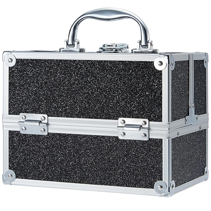 FRENESSA Makeup Train Case Portable Makeup Case Organizer Cosmetic Box Make Up Box Makeup Organizer Cosmetic Storage Cases with Locking Nail Kit Organizer Travel Case Black