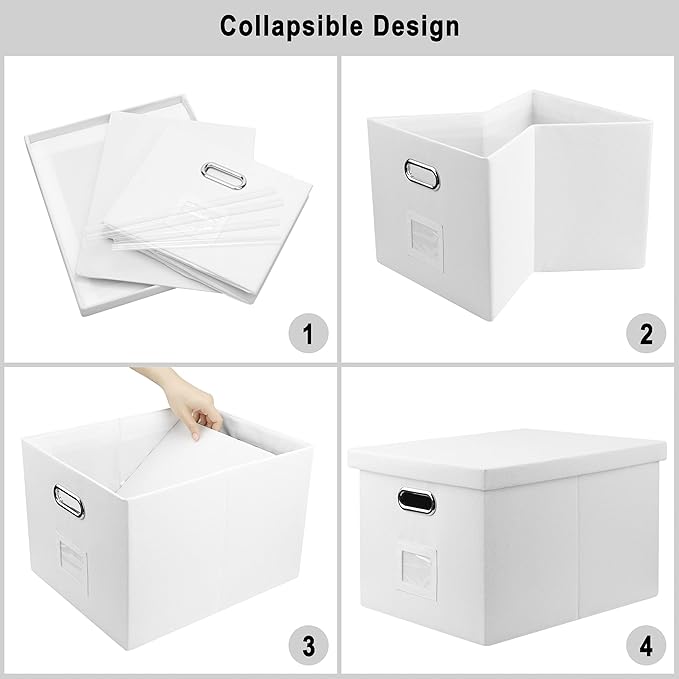 File Organizer Box, Decorative Storage Filling Box with Lid for Letter Legal Size Hanging Folders Collapsible Linen File Folder Box Office Document Storage Filing Bin, White 2 Pack