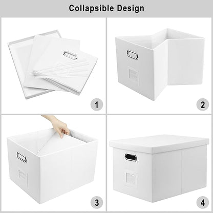File Organizer Box, Decorative Storage Filling Box with Lid for Letter Legal Size Hanging Folders Collapsible Linen File Folder Box Office Document Storage Filing Bin, White 2 Pack