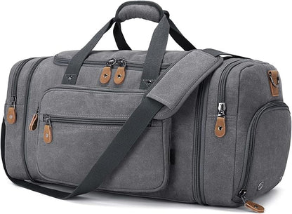 Gonex Canvas Duffle Bag 60L Travel Duffel Overnight Weekend Bag with Shoe Compartment (Gray)