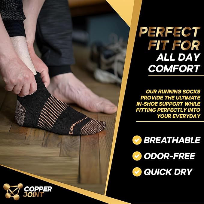 CopperJoint Black Ankle Compression Socks for Women- Breathable Copper Compression Socks Men, Low Cut Sock With Arch Support
