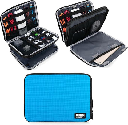 BUBM Double Layer Electronics Organizer/Travel Gadget Bag for Cables, Memory Cards, Flash Hard Drive and More, Fit for iPad or Tablet(up to 9.7")-Large, Blue