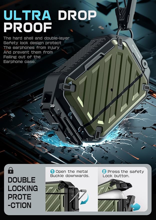 SUPCASE for AirPods Pro 3 Case with Lock & Carabiner, [IP68 Waterproof] [Military-Grade Protection] [Supports Wireless Charging] Anti-Scratch Hard Shell Cover for AirPods Pro 3rd Gen, Guldan