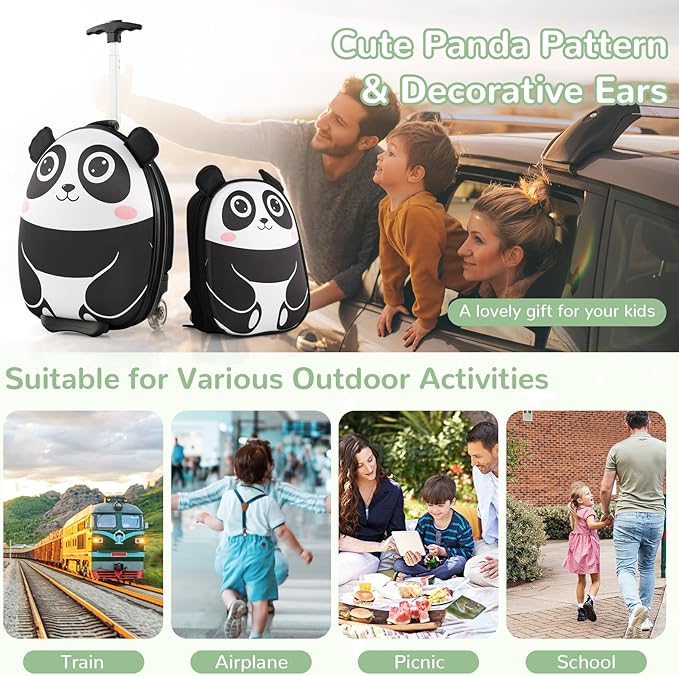 HONEY JOY Kids Luggage, 12” Children Hardshell Backpack & 16” Toddler Travel Rolling Suitcase, 2 Pcs Lightweight Carry On Luggage Set, Kids Luggage with Wheels for Girls & Boys(Black Panda)