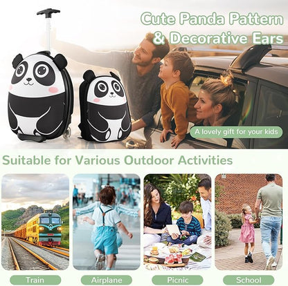 HONEY JOY Kids Luggage, 12” Children Hardshell Backpack & 16” Toddler Travel Rolling Suitcase, 2 Pcs Lightweight Carry On Luggage Set, Kids Luggage with Wheels for Girls & Boys(Black Panda)