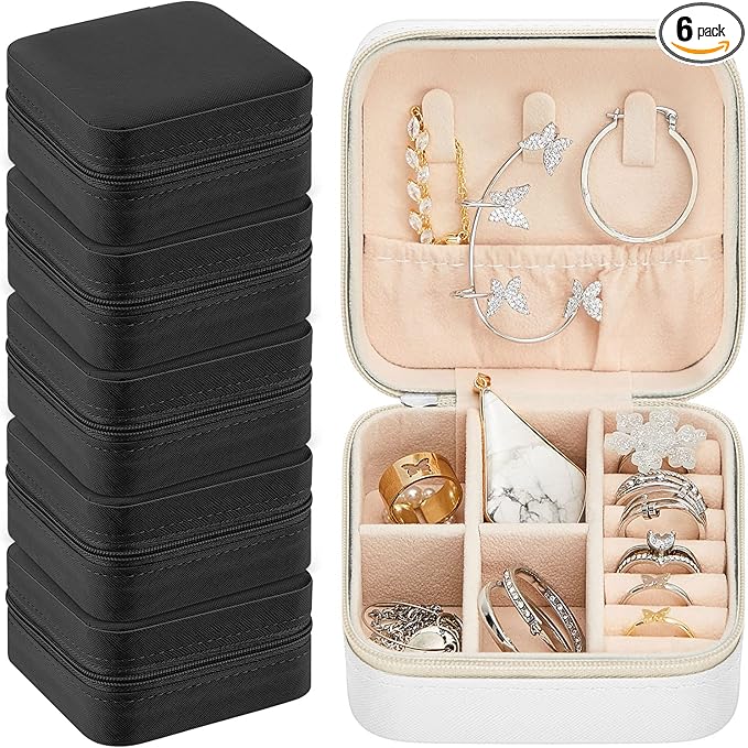 Taiyin 6 Pcs Travel Jewelry Case Box Bridesmaid Gifts Bulk Travel Jewelry Cases Boxes Small Jewels Organizers Mini Accessories Ornaments Storage for Women Girls Wedding Gifts (Black,White)
