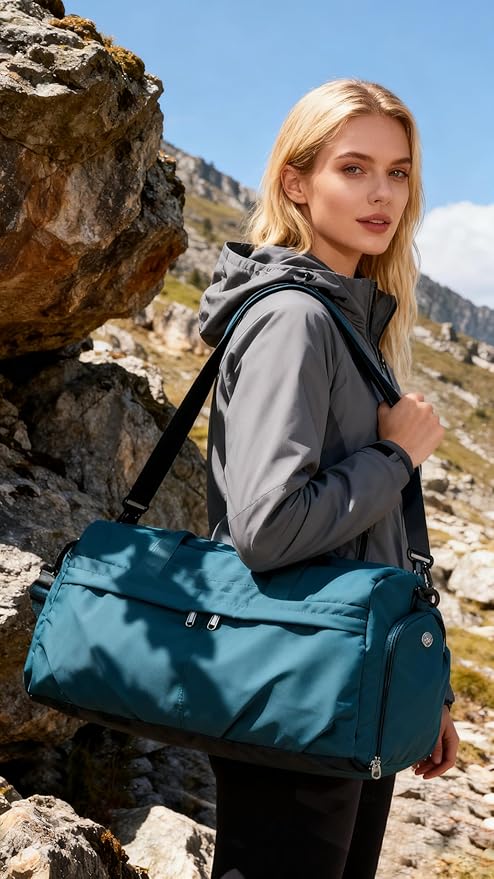 Gym Bag for Women Men with Shoe Compartment, Sport Duffel Bag, Waterproof Travel Weekender Overnight Carry on Bag for Yoga with Trolley Sleeve, Peacock Blue