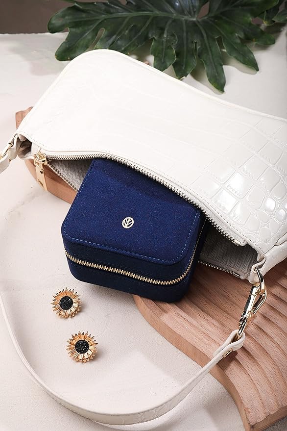 S.Leaf Travel Jewelry Organizer Boxes for Women Small Portable Necklace Earrings Bracelet Rings Travel Case Best Friend Birthday Gifts for Women Trendy (06_Suede_Touch_Navy)