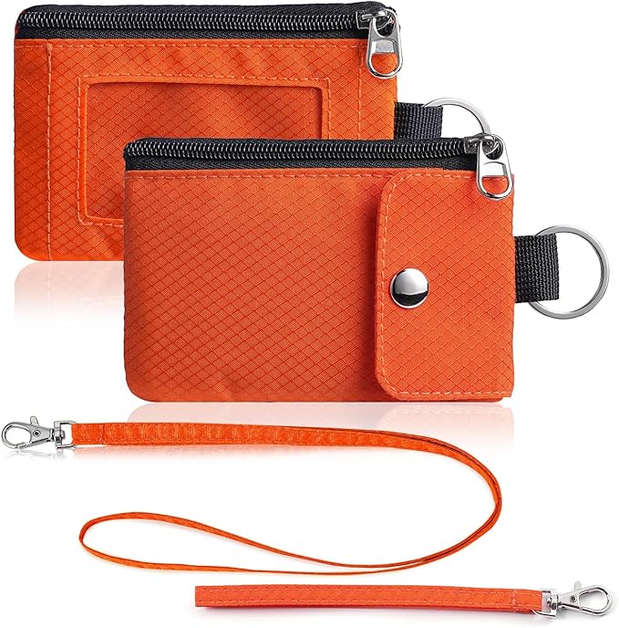 Minimalist Wallet For Mens Womens, Keychain RFID Blocking Zipper Small Wallet with ID Window 2 Lanyards,Water Resistant Travel Cash Card Coin Case Boys Girls