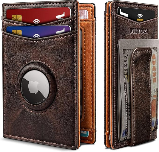 Airtag Wallet for Men- with Money Clip Gift Boxed, Magnetic Closure Slim Genuine Leather Front Pocket Wallet, 4.1"x 2.8", RFID Blocking