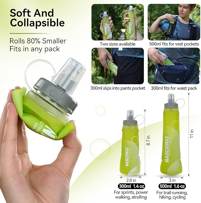 MARCHWAY Soft Hydration Flask with Wide Mouth, 300ml/500ml Collapsible TPU Water Bottle, Leakproof Portable Flexible for Running, Hiking, Cycling, Climbing, Gym, Travel (2pcs Yellow 300ml)