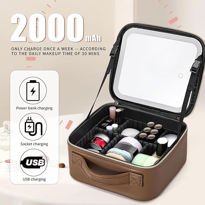 Travel Makeup Bag with LED Mirror – Waterproof Cosmetic Train Case with Adjustable Dividers, Portable Makeup Organizer and Toiletry Bag for Women, Pink Teens & Girls Gift