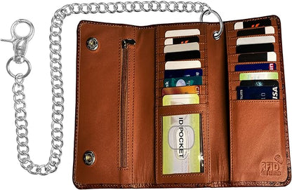IBRO VINTAGE Motorcycle Chain Wallet for Men – Premium Cowhide Leather, RFID Tri-Fold Biker Wallet with Heavy Duty Chain for Bikers Truckers & Hunters, Credit Card Money Organizer Long Wallet
