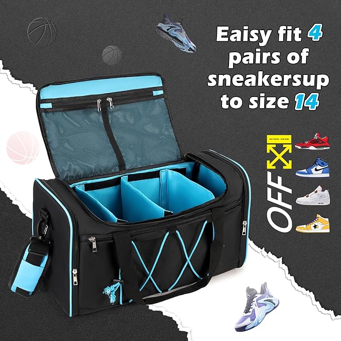 Sneaker Bag for Travel, Outdoor Sports Gym Bag Shoe Bags for 4 Pairs of Sneakers up to Size 14, Travel Duffel Bags with 3 Adjustable Dividers & Shoulder Strap, Sneakerhead Gift