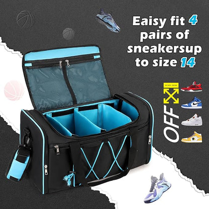 Sneaker Bag for Travel, Outdoor Sports Gym Bag Shoe Bags for 4 Pairs of Sneakers up to Size 14, Travel Duffel Bags with 3 Adjustable Dividers & Shoulder Strap, Sneakerhead Gift