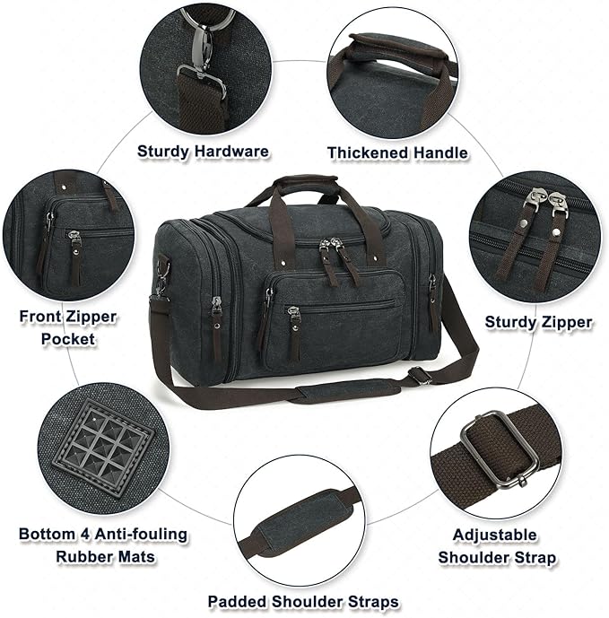 Expandable Canvas Duffel 50cm-58cm, Sturdy Zipper and Reinforced Handles, Lightweight Carry-On Weekender Bag for 3-5 Day Trips, Black