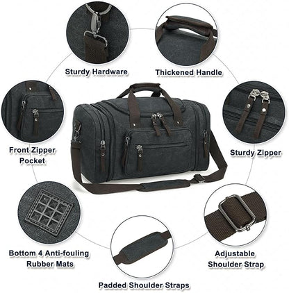 Expandable Canvas Duffel 50cm-58cm, Sturdy Zipper and Reinforced Handles, Lightweight Carry-On Weekender Bag for 3-5 Day Trips, Black