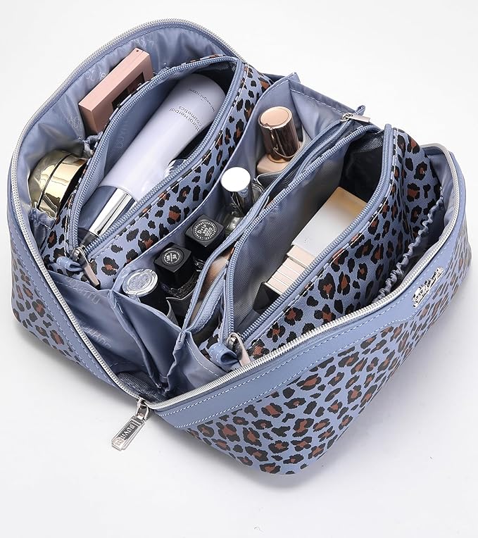 BOYATU Travel Makeup Bag for Women: 3 Pcs Set Portable Make up Bags with Handle - Leopard Print Cosmetic Bags with Comparments - Waterproof Vegan Leather Toiletry Bag (08-Light Blue)