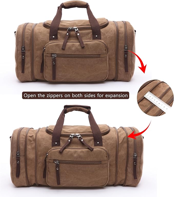 Large men's travel luggage bag, carry overnight bag, weekend handbag, waterproof canvas travel bag(khaki)