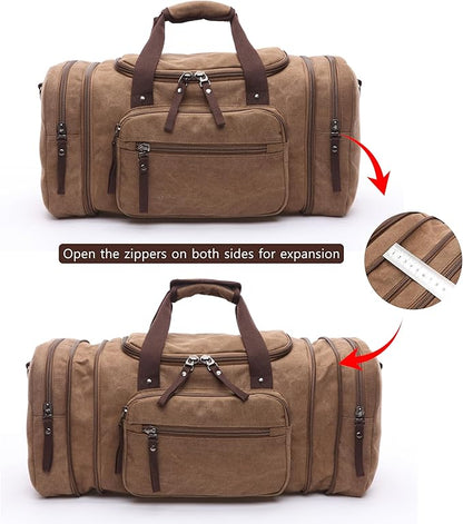 Large men's travel luggage bag, carry overnight bag, weekend handbag, waterproof canvas travel bag(khaki)