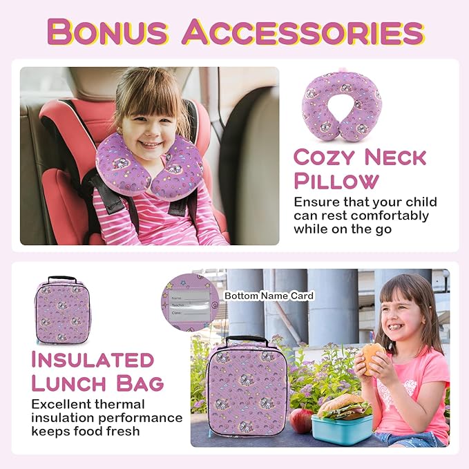 BABY JOY Kids Luggage, 5 Pieces Luggage Set w/ 16" Carry-on Hardshell Spinner Toddler Suitcase, 13" Backpack, Neck Pillow & Insulated Lunch Bag, Travel Kids Rolling Suitcase for Girls (Pink Pony)