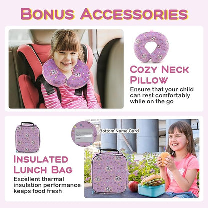 BABY JOY Kids Luggage, 5 Pieces Luggage Set w/ 16" Carry-on Hardshell Spinner Toddler Suitcase, 13" Backpack, Neck Pillow & Insulated Lunch Bag, Travel Kids Rolling Suitcase for Girls (Pink Pony)