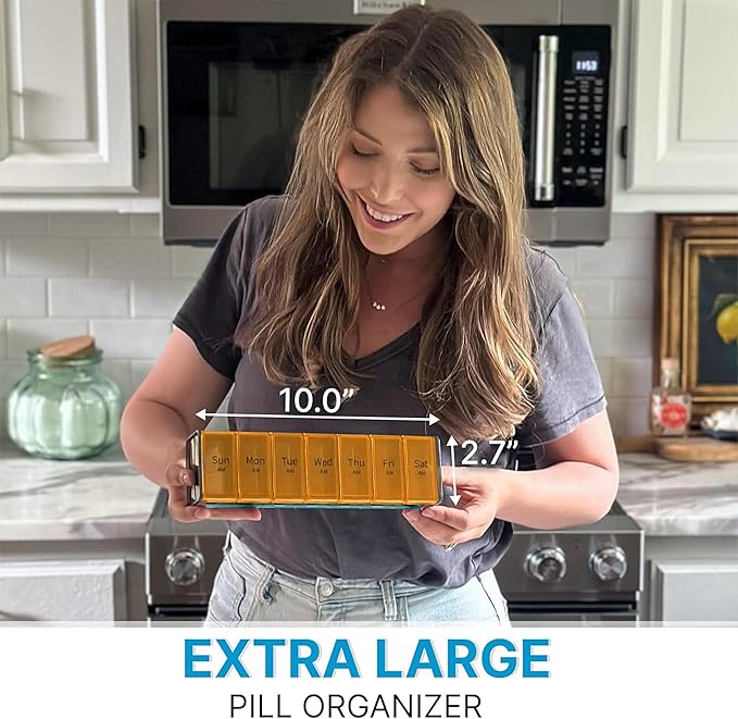 Extra Large Pill Organizer - XXL Vitamin Holder for Weekly Supplements - Double Sided Pill Box 7 Day with Big AM PM Compartments Huge Daily Medicine Dispenser 2 Times a Day Reliable and Easy-to-Use