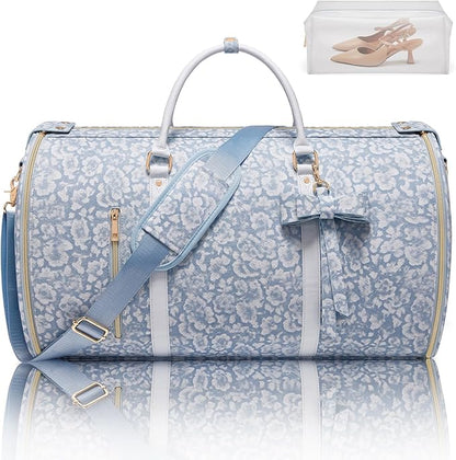 Travel Garment Bag for Women, Foldable Carry On Garment Duffle Bag 20.5x10x12.5 Inch, Convertible Overnight Bags with Shoe & Toiletry Pockets for Business Trip, Vacation, Party, Blue-White
