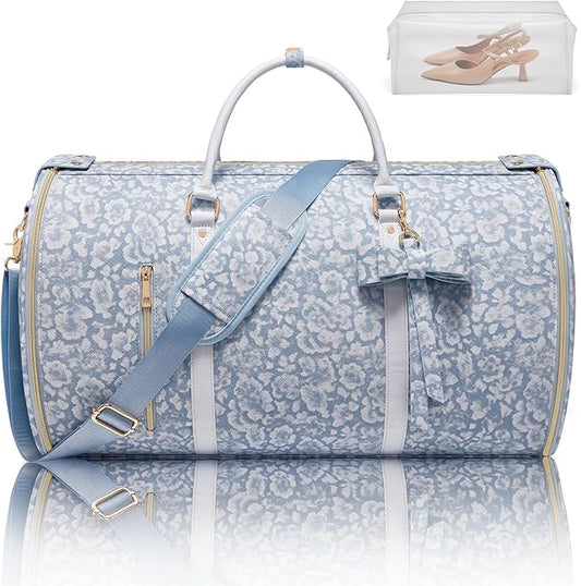 Travel Garment Bag for Women, Foldable Carry On Garment Duffle Bag 20.5x10x12.5 Inch, Convertible Overnight Bags with Shoe & Toiletry Pockets for Business Trip, Vacation, Party, Blue-White