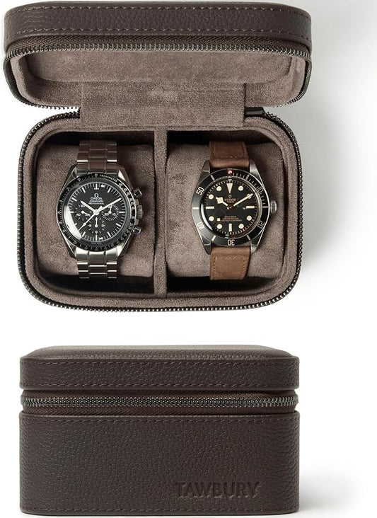 TAWBURY Watch Case - 2 Slot Genuine Top-Grain Leather Watch Travel Case for Men & Women with Metal Zipper and Extra Wide Pillows for Large Watches (Brown)