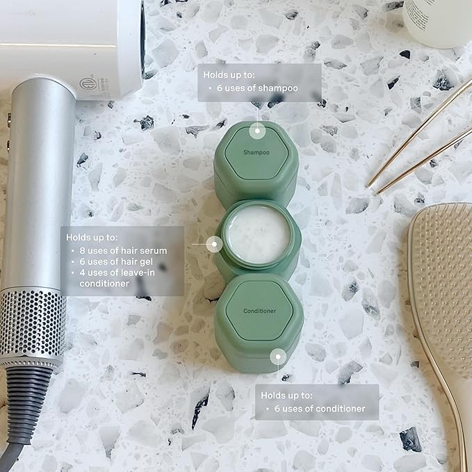 Cadence Travel Containers Haircare Capsule Set - Magnetic Containers with Lids,Carry On Travel Essentials For Women/Men - 3 Flex Mediums (1.32oz) - Shampoo, Conditioner & Comb Icon Labels - Eucalyptus