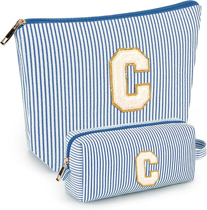 2 PCS Initial Makeup Bags for Women: Cosmetic Bag for Travel Toiletry - Birthday Gifts for 11 12 13 14 15 16 17 18 Years Old Girl Graduation Teacher Gift- Teen Girl Gifts Trendy Stuff - Blue C