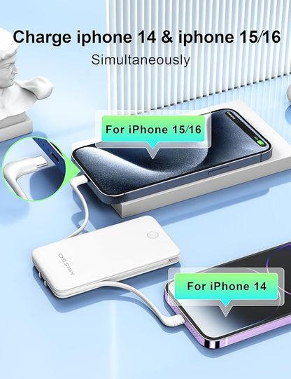 miisso Ultra Slim 10000mAh Power Bank Built-in Cables and Foldable AC Wall Plug, Pocket Size USB C Portable Charger, External Battery Pack Compatible with iPhone Samsung iPad etc, White