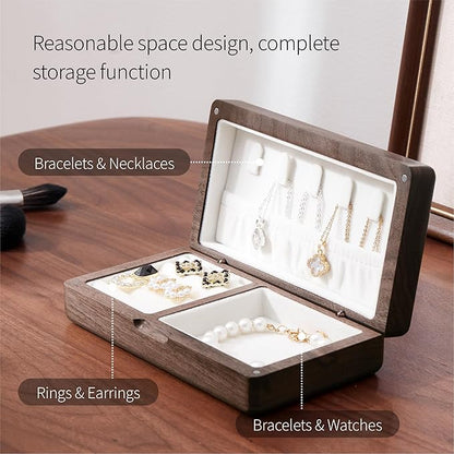 Walnut Wooden Small Jewelry Box - Mini Wood Travel Jewelry Case Portable Organizer for Rings, Earrings, Necklaces & Bracelets Storage Women Girls Men (White)
