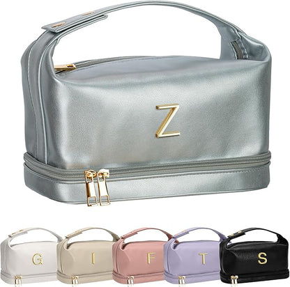 College Girl Gift Ideas, Personalized Makeup Bag with Handle, Initial Double Layer Cosmetic Bag with Makeup Brush Organizer, Cute Cosmetic Pouch for Women, Gift Ideas for Co Workers