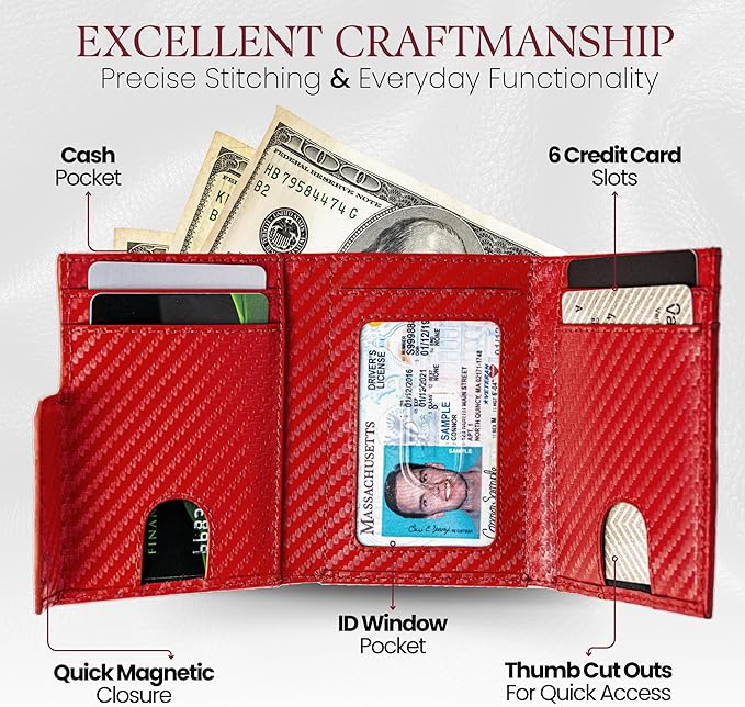 BULL GUARD Trifold RFID Blocking Front Pocket Wallet for Men, Secured Card Slots & Coin Pocket with Magnetic Closure, Durable & Modern Leather Design in Carbon Red Passion