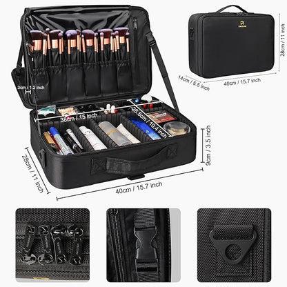 Relavel Makeup Case Large Makeup Bag Professional Train Case 16.5 inches Travel Cosmetic Organizer Brush Holder Waterproof Makeup Artist Storage Box, 3 Layer Large Capacity, with Adjustable Strap